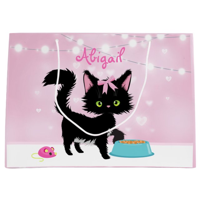 Personalised Cat Pink and White Girly Kitten Large Gift Bag (Front)