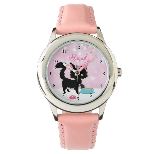 Personalised Cat Pink and White Girly Kitten Watch (Front)