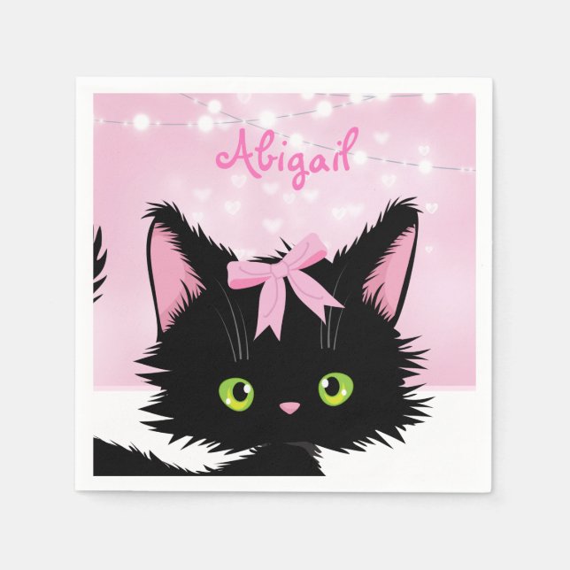Personalised Cat Pink and White Kitten Birthday Napkin (Front)