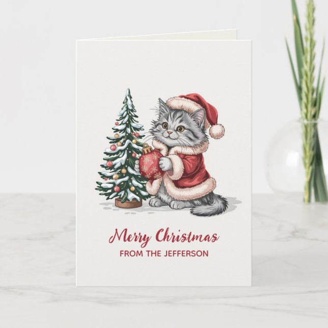 Personalised Cat with Santa Hat Christmas tree Holiday Card (Front)