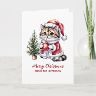 Personalised Cat with Santa Hat Christmas tree Holiday Card