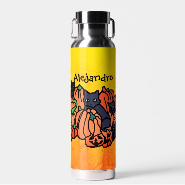 Personalised Cats and Pumpkins in Halloween Water Bottle (Front)