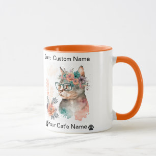 Personalised Cat's Photo and Name Floral Cat Glass Mug