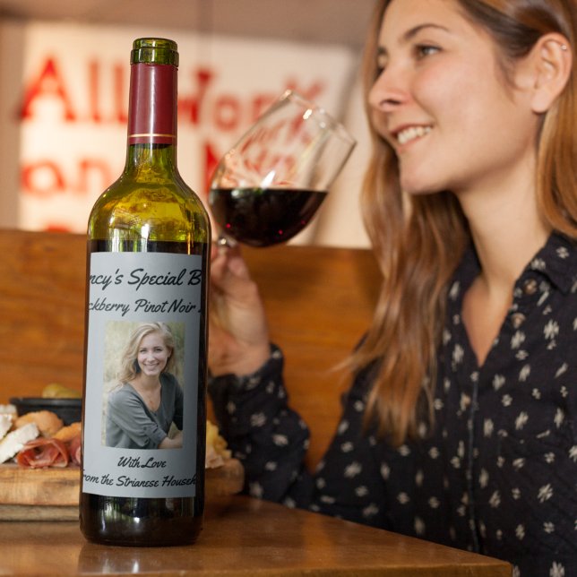 Personalised Causal Grey Photo Friend Party  Wine Label (Creator Uploaded)