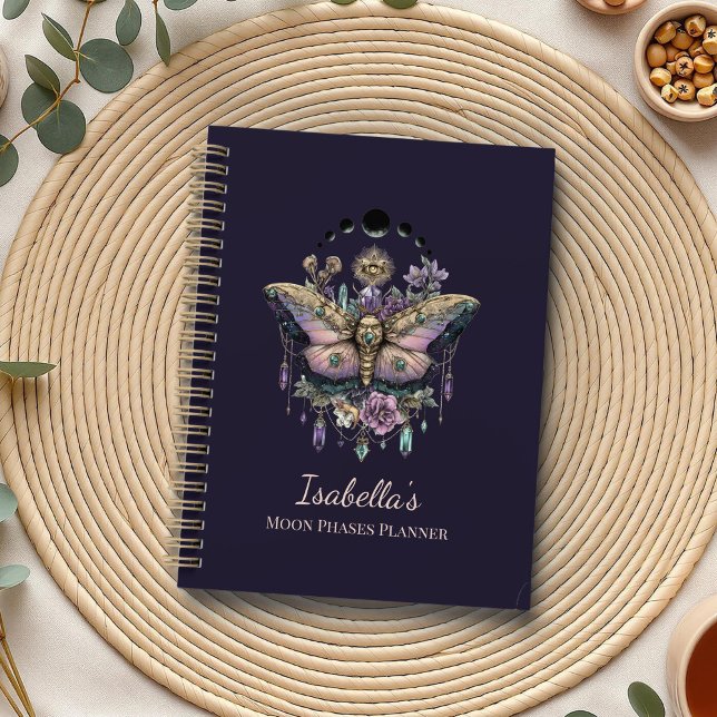 Personalised Celestial Moth & Moon Phases Witchy Planner (Personalized Celestial Moth & Moon Phases Witchy Planner on a boho table with botanicals)