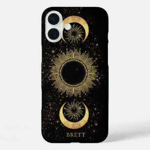 Personalised Celestial Sun Moon Stars Black Gold iPhone 16 Plus Case