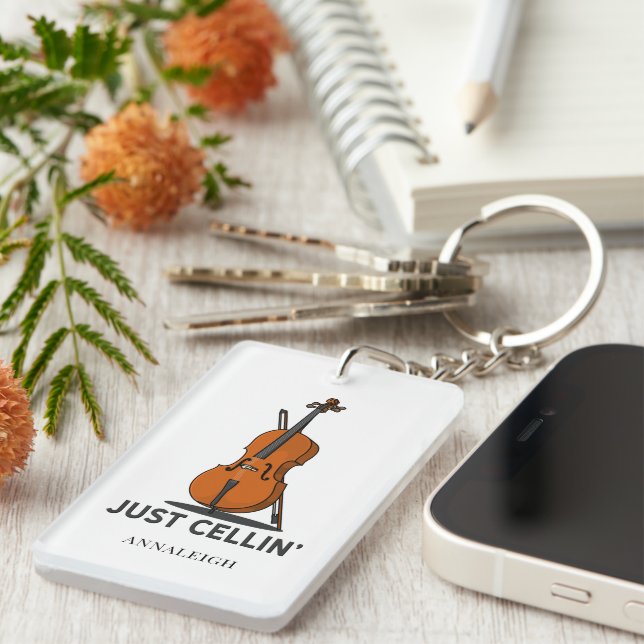 Personalised Cello Just Cellin Cellist Gag Key Ring (Front Right)