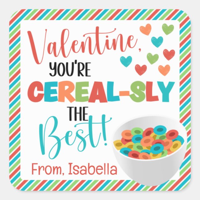 Personalised Cereal Valentine's Day Square Sticker (Front)