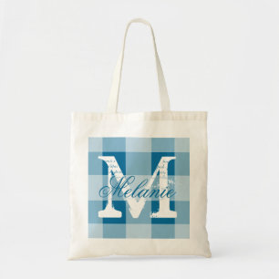 Personalised cerulean gingham monogram tote bag