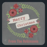 Personalised Chalk Inspired Wreath Christmas Square Sticker<br><div class="desc">A Christmas sticker featuring an illustration of a red and green floral wreath accented with holly.  Banner over wreath says,  "Merry Christmas."  Background is chalkboard inspired.  Personalise with your family's name at bottom.</div>