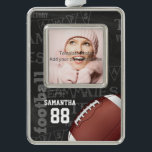 Personalised Chalkboard American Football Silver Plated Framed Ornament<br><div class="desc">A modern American football grid iron design featuring a football on a chalkboard typography background with football terminology in the background. The design features customisable text for the name and number of the football player or grid iron fan. This design has been made in part with graphics licensed by Graphics...</div>