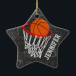 Personalised Chalkboard Basketball and Hoop Ceramic Ornament<br><div class="desc">Personalised basketball and hoop design on a dark and light grey chalkboard design background with a pattern of basketball terms. Just customise the name to add the name of the basktball fan, basketball player or basketball coach. Ideal for netball players too! We welcome custom requests. Please contact us via our...</div>