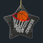 Personalised Chalkboard Basketball and Hoop Ceramic Ornament<br><div class="desc">Personalised basketball and hoop design on a dark and light grey chalkboard design background with a pattern of basketball terms. Just customise the name to add the name of the basktball fan, basketball player or basketball coach. Ideal for netball players too! We welcome custom requests. Please contact us via our...</div>