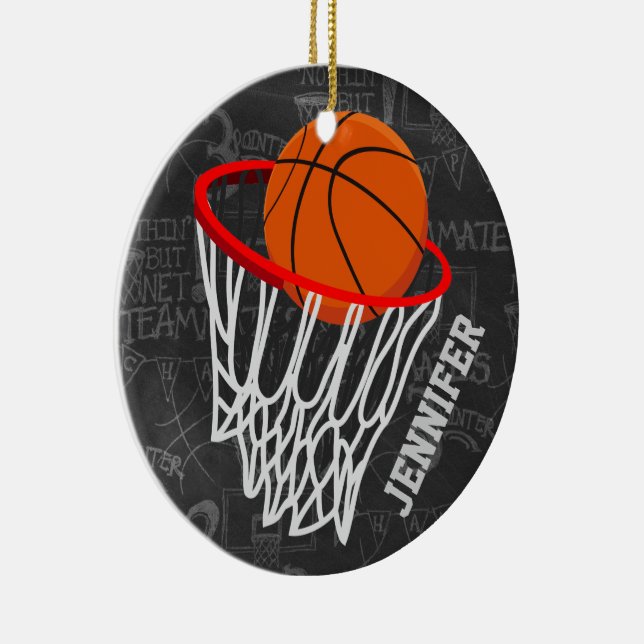 Personalised Chalkboard Basketball and Hoop Ceramic Tree Decoration (Right)