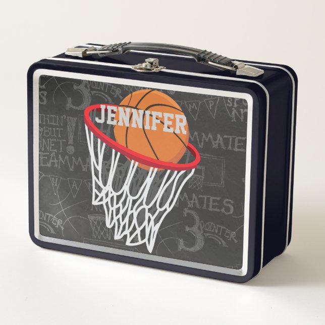 Personalised Chalkboard Basketball and Hoop Metal Lunch Box (Front)