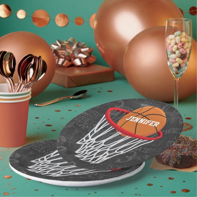 Personalised Chalkboard Basketball and Hoop Paper Plate (Multi)