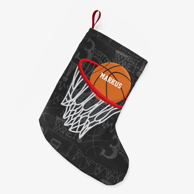 Personalised Chalkboard Basketball and Hoop Small Christmas Stocking (Front (Hanging))
