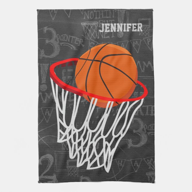 Personalised Chalkboard Basketball and Hoop Tea Towel (Vertical)
