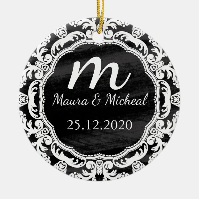 Personalised Chalkboard Monogram Wedding Date Ceramic Ornament (Front)