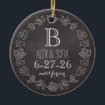 Personalised Chalkboard Monogram Wedding Date Ceramic Ornament<br><div class="desc">Celebrate the wedding day or anniversary of your favourite bride and groom with this custom ornament! An elegant white scroll chalk border on a black chalkboard background surrounds a monogram, couple's names and wedding date. “until forever” is written in script below the wedding date. Makes a beautiful, modern, personalised gift....</div>
