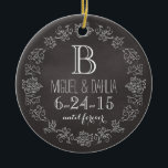 Personalised Chalkboard Monogram Wedding Date Ceramic Ornament<br><div class="desc">Celebrate the wedding day or anniversary of your favourite bride and groom with this custom ornament! An elegant white scroll chalk border on a black chalkboard background surrounds a monogram, couple's names and wedding date. “until forever” is written in script below the wedding date. Makes a beautiful, modern, personalised gift....</div>