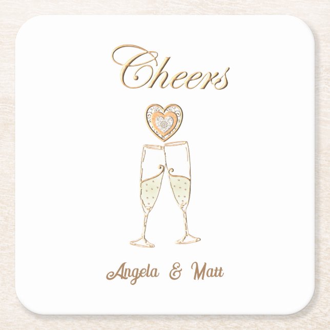 Personalised Champagne Glasses and Hearts Square Paper Coaster (Front)