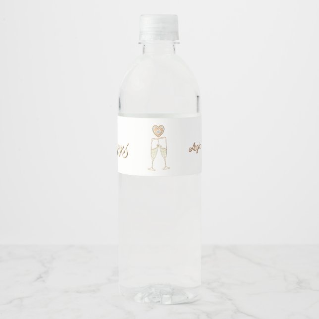 Personalised Champagne Glasses and Hearts Water Bottle Label (Front)