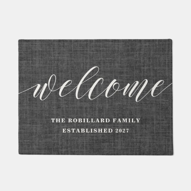 Personalised Charcoal Linen Welcome Doormat (Front)