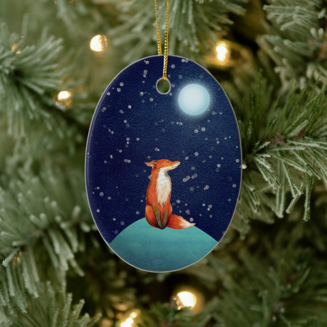 Personalised Charming Fox and Full Moon Christmas Ceramic Ornament (Tree)