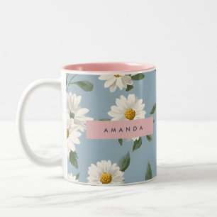 Personalised Charming White Daisies on Dusty Blue Two-Tone Coffee Mug