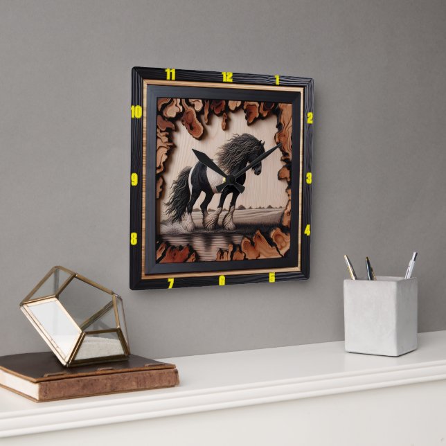 Personalised Charred Wood Gypsy Vanner Timepiece Square Wall Clock (Office)