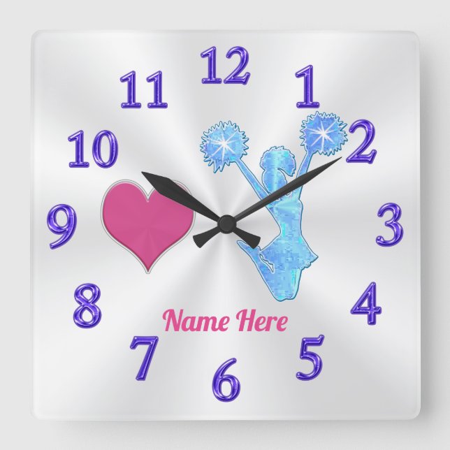 Personalised Cheer Clock, Cheerleading Room Decor Square Wall Clock (Front)