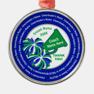 Personalised Cheer Coach Gifts, Blue, Green, White Metal Ornament