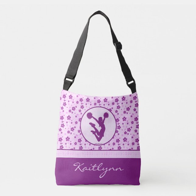 Personalised Cheer or Pom Purple Heart Floral Crossbody Bag (Front)