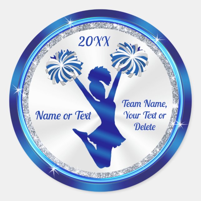 Personalised, Cheer Stickers, Blue, White, Silver Classic Round Sticker (Front)