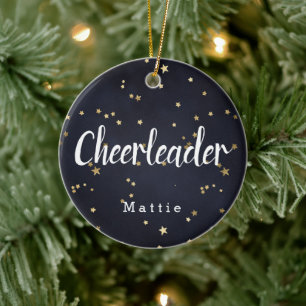 Personalised Cheerleader Navy Blue and Gold Stars Ceramic Ornament