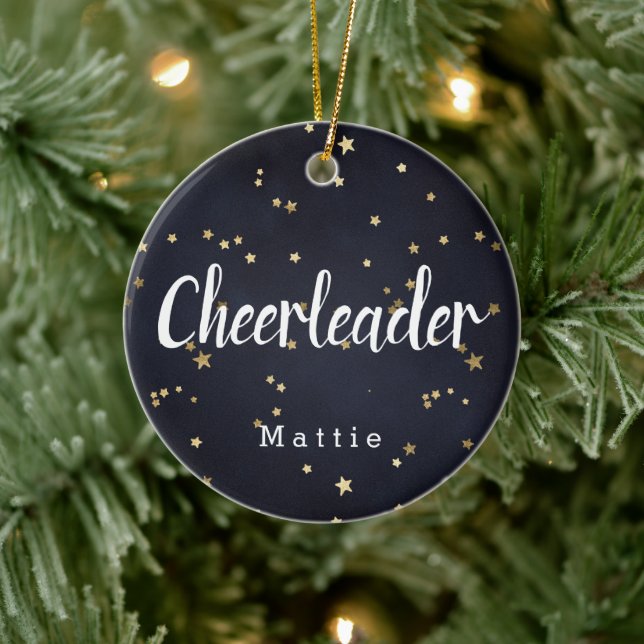 Personalised Cheerleader Navy Blue and Gold Stars Ceramic Ornament (Tree)