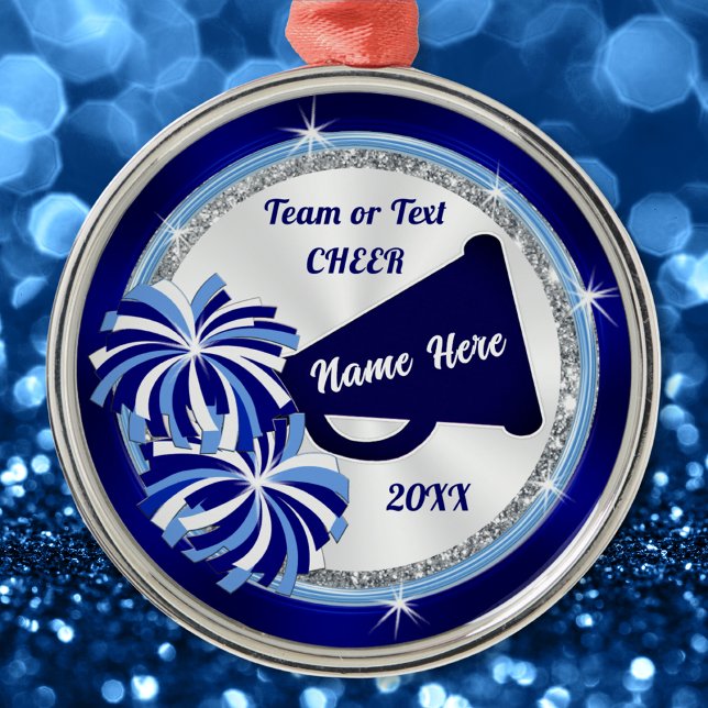 Personalised Cheerleader Ornaments, Blues, White Metal Ornament (Personalized Cheerleading Ornament. Cheer team Christmas gifts or Gifts for Senior Cheerleaders.)