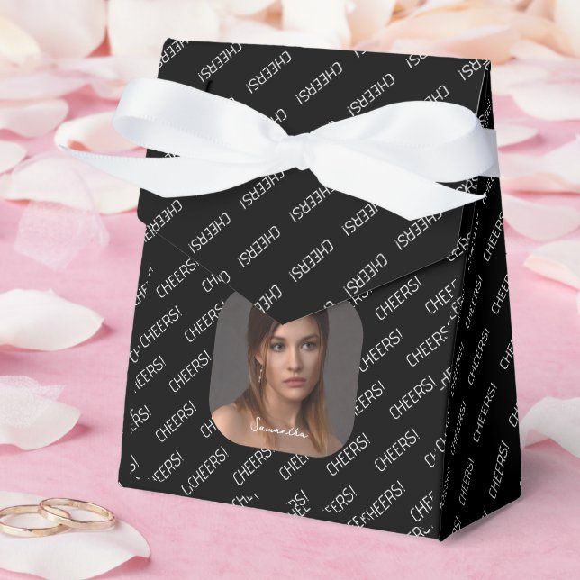 Personalised Cheers Photo Name Script Black Favour Box (Wedding)