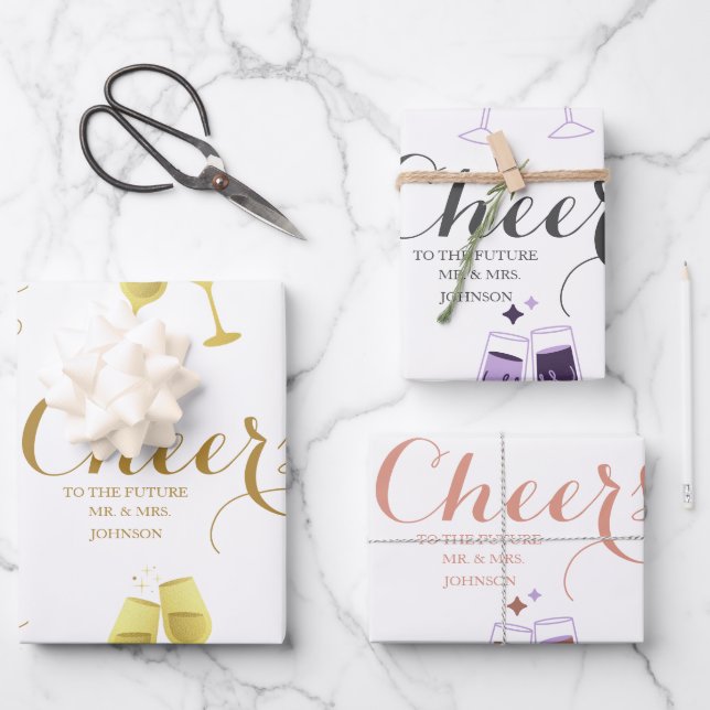 Personalised Cheers Script Wedding Wrapping Paper Sheet (Front)