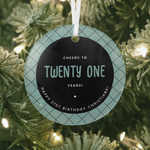 Personalised Cheers to 21 Years Modern and Elegant Glass Tree Decoration
