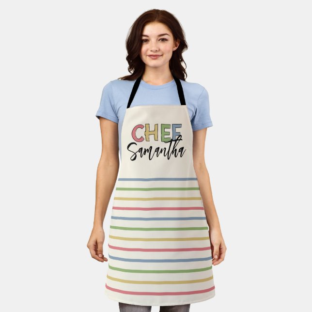 Personalised Chef Colourful Stripes Cute Gift Apron (Worn)