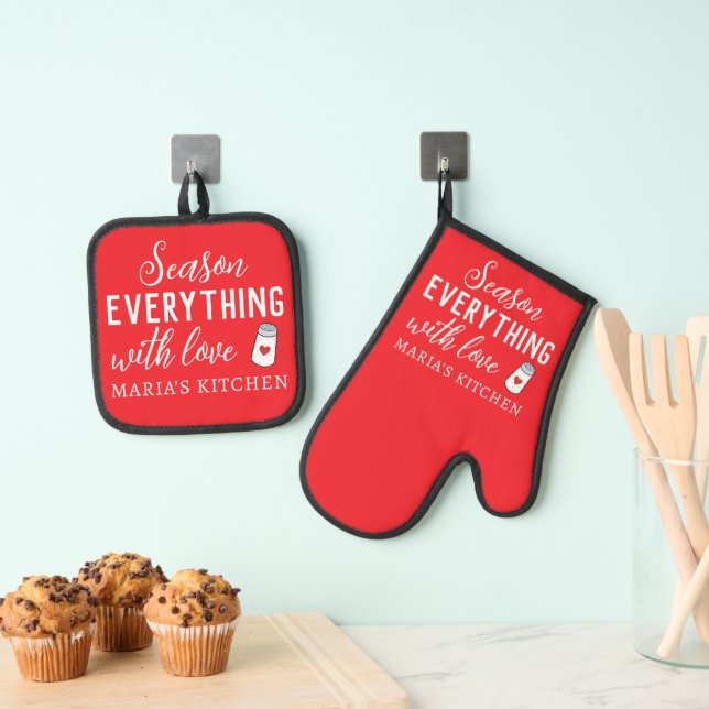 Personalised Chefs Name Salt Pot Red Colour White  Oven Mitt & Pot Holder Set (Insitu(Hanging))