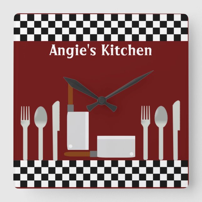 Personalised Chequerboard Kitchen Utensils Clock (Front)