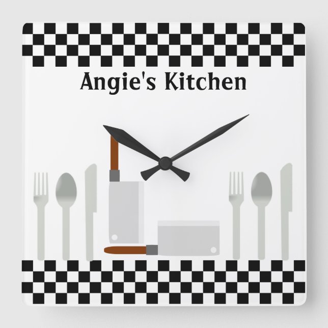 Personalised Chequerboard Kitchen Utensils Clock (Front)