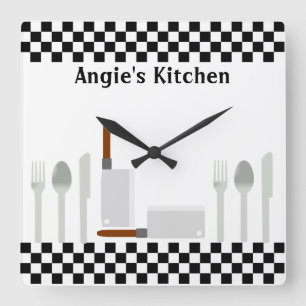 Personalised Chequerboard Kitchen Utensils Clock