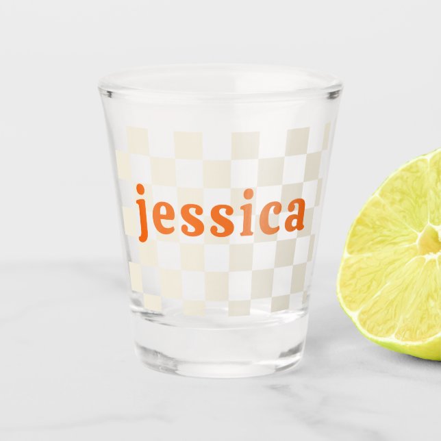 Personalised chequerboard party birthday gift shot glass (Front)