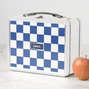 Personalised Chequered Fiesta Royal Blue Metal Lunch Box