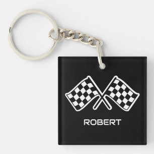 Personalised Chequered Flag Custom Name Black Key Ring