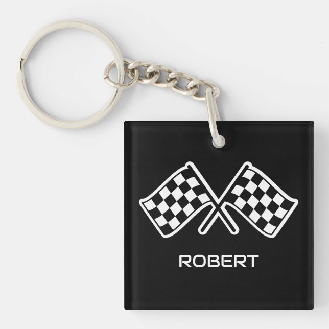Personalised Chequered Flag Custom Name Black Key Ring (Front)